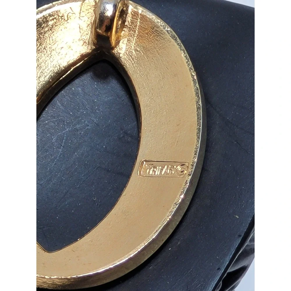 Trifari Oval O Gold Plated Textured Statement Pendant Signed Vintage 1970s Charm